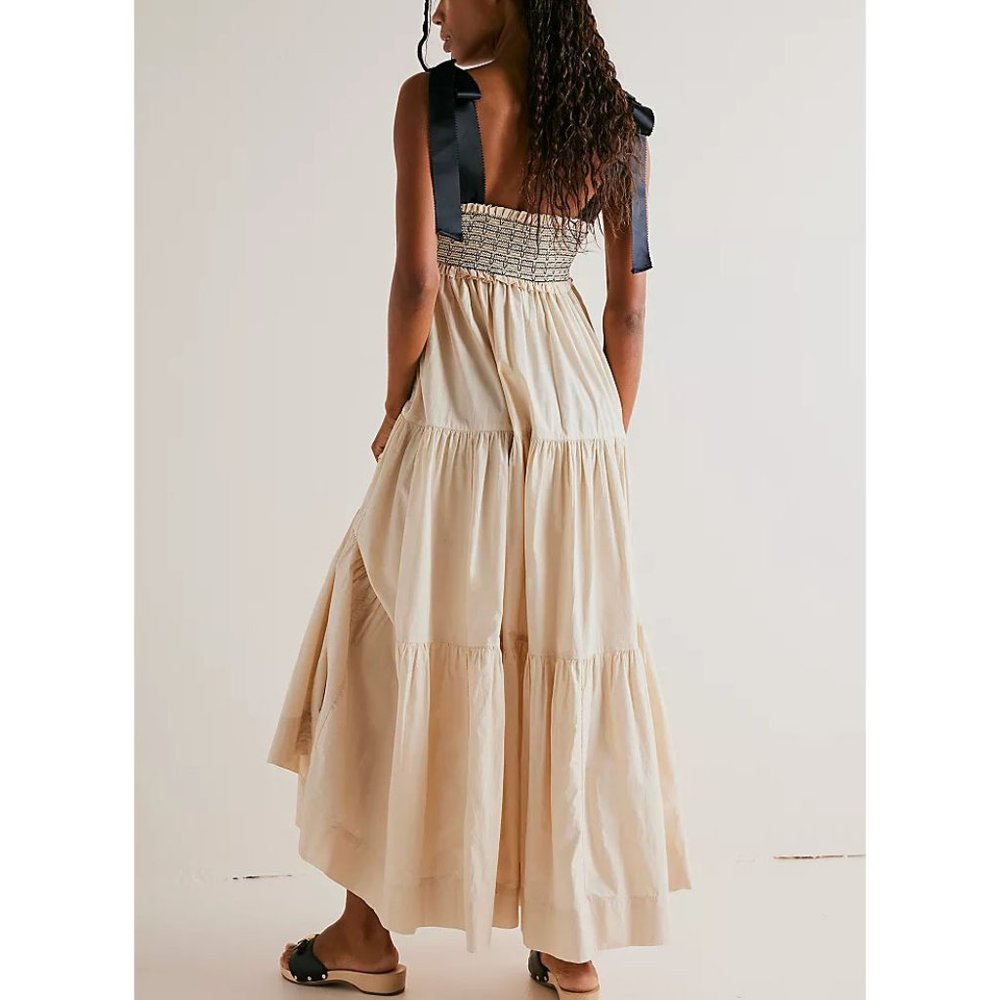 Free People Cream Tiered Maxi Dress with Black Tie Straps - Picture 2 of 13